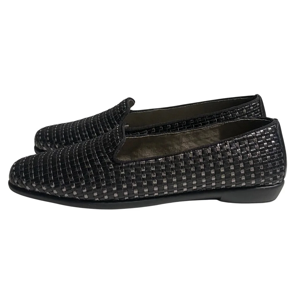 Ros Hommerson Woven‎ Leather Loafers Black Silver Metallic Flats Womens 10W